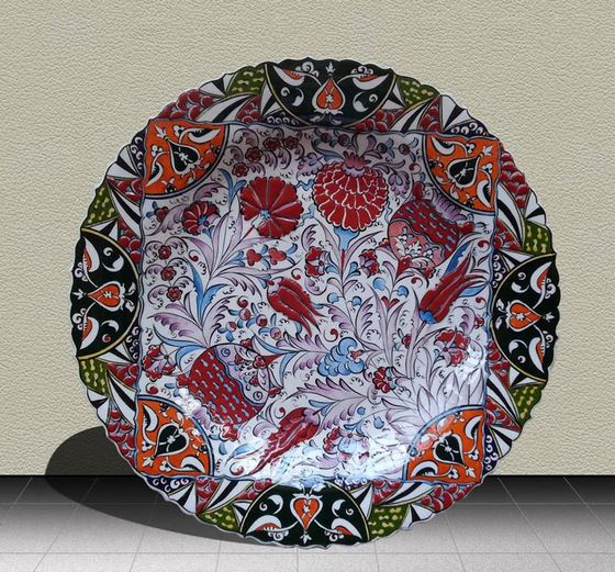 Hand-painted ceramic plate in red and blue