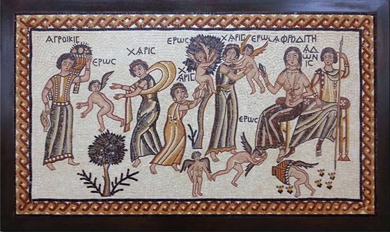 Mosaic of a classical scene with Greek inscriptions