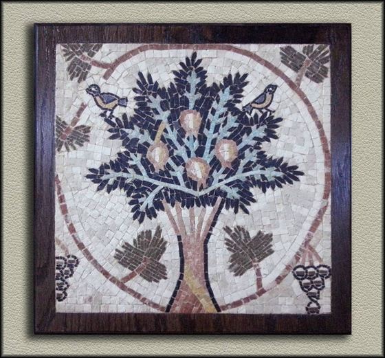 Framed mosaic of a tree with grapes