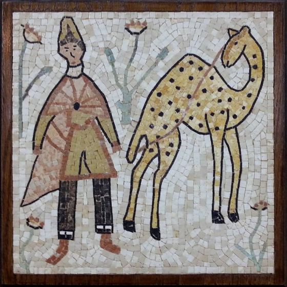 Mosaic of a man leading a spotted camel